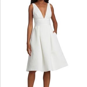 Amsale Faille Deep V-Neck Midi Dress